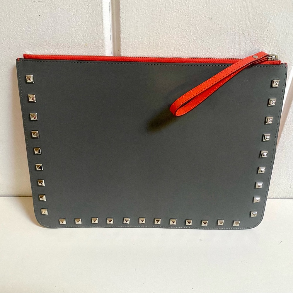 REBECCA MINKOFF Orange & Gray Studded Kerry Pouch Wristlet Clutch, like new